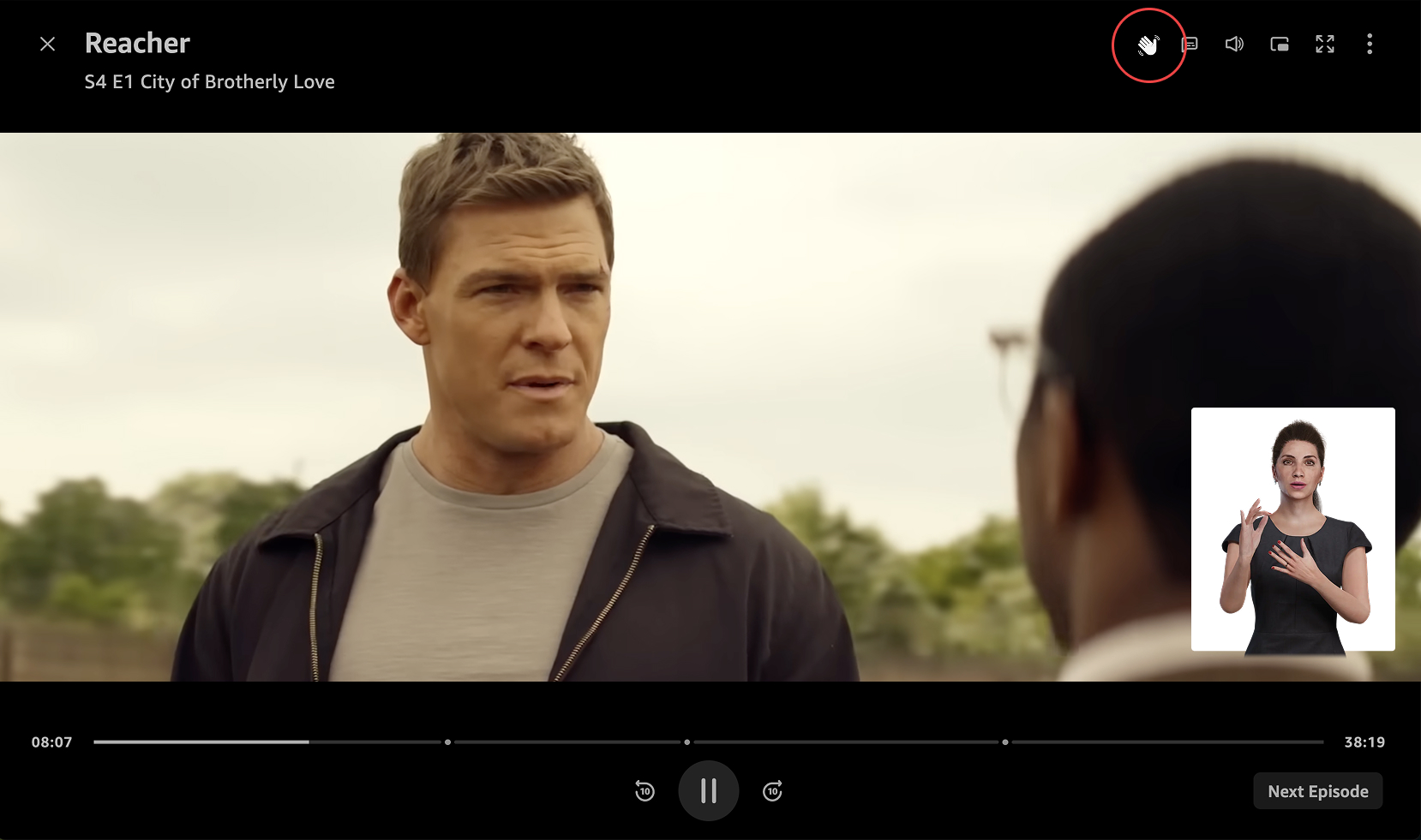 Prime Video player showing Reacher with a sign language control in the top toolbar and an AiSL avatar interpreting in the lower-right corner
